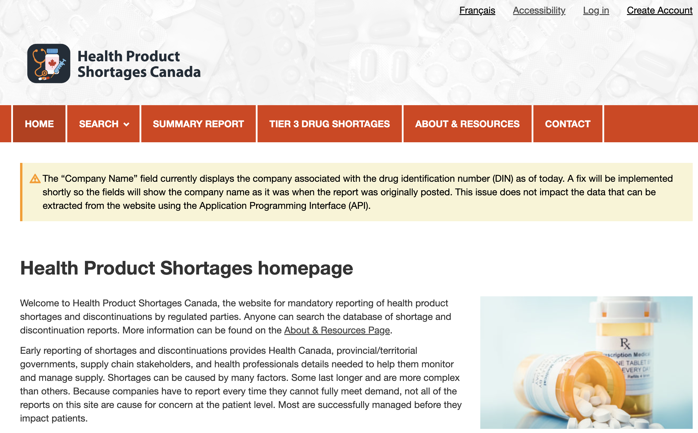 Health Product Shortages Canada English homepage